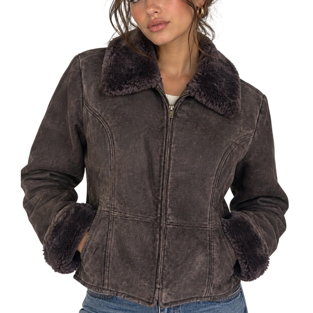 Vintage 90s Y2K Boho Dark Chocolate Suede Faux Fur Penny Lane Leather Jacket